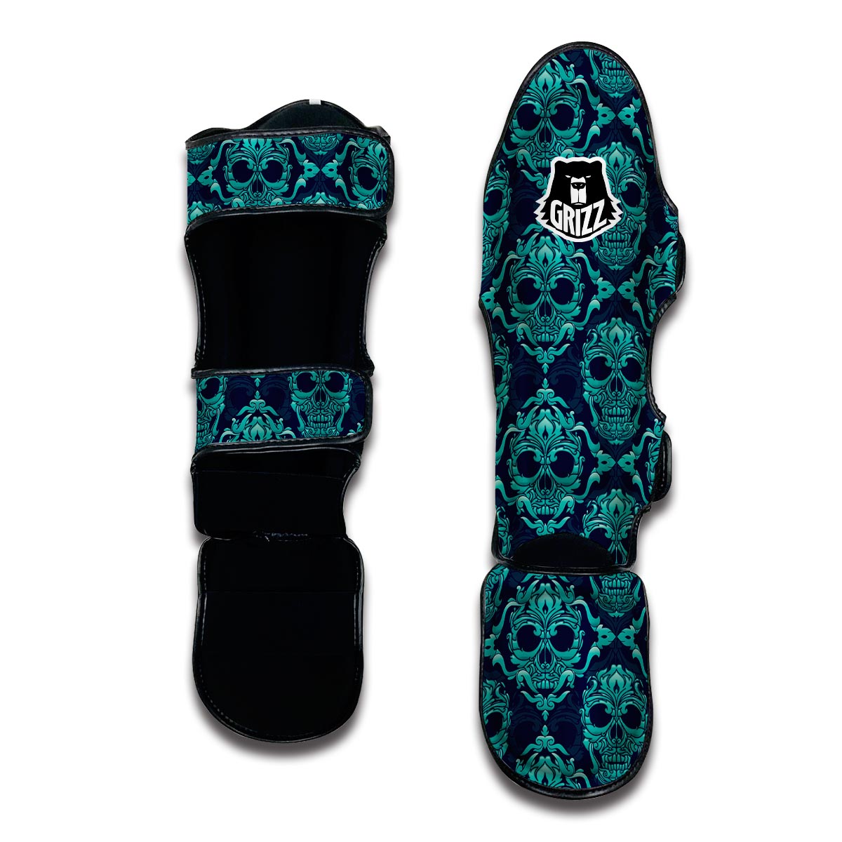 Blue Ornamental Skull Muay Thai Shin Guards-grizzshop