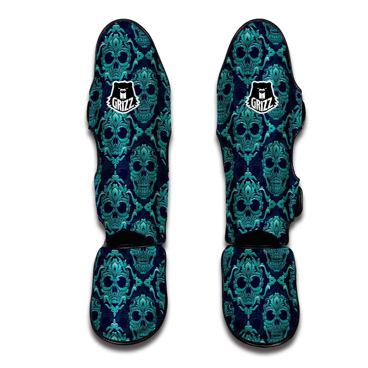 Blue Ornamental Skull Muay Thai Shin Guards-grizzshop