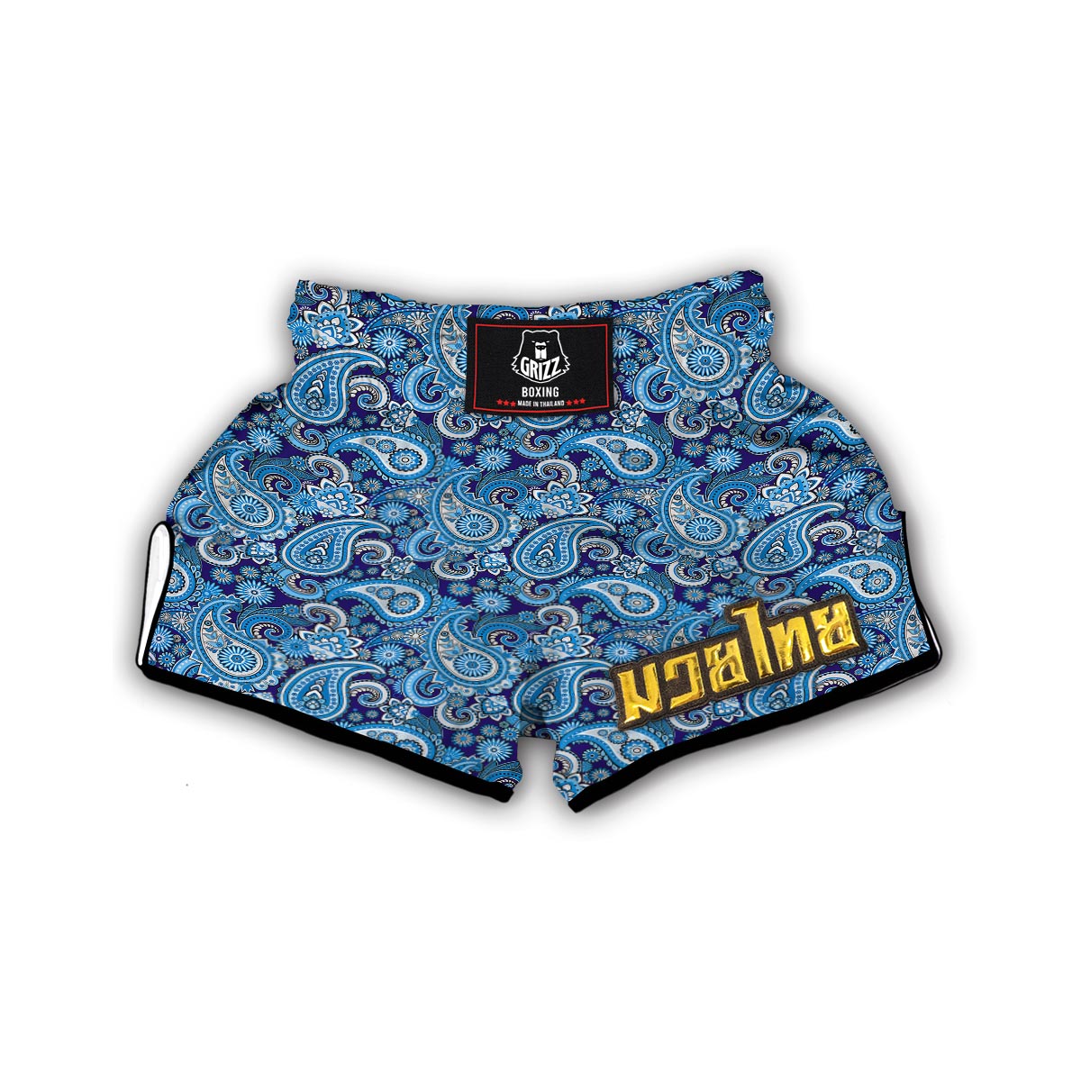 Blue Paisley Pattern Print Muay Thai Boxing Shorts-grizzshop