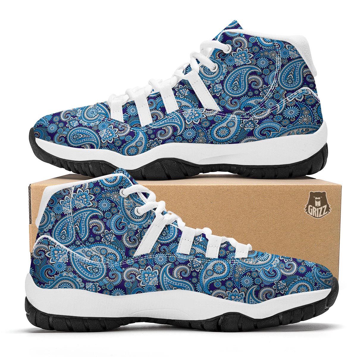 Blue Paisley Pattern Print White Bball Shoes-grizzshop