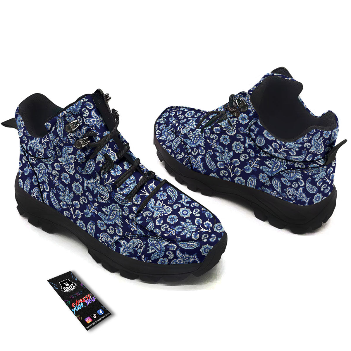 Blue Paisley Print Pattern Hiking Shoes-grizzshop