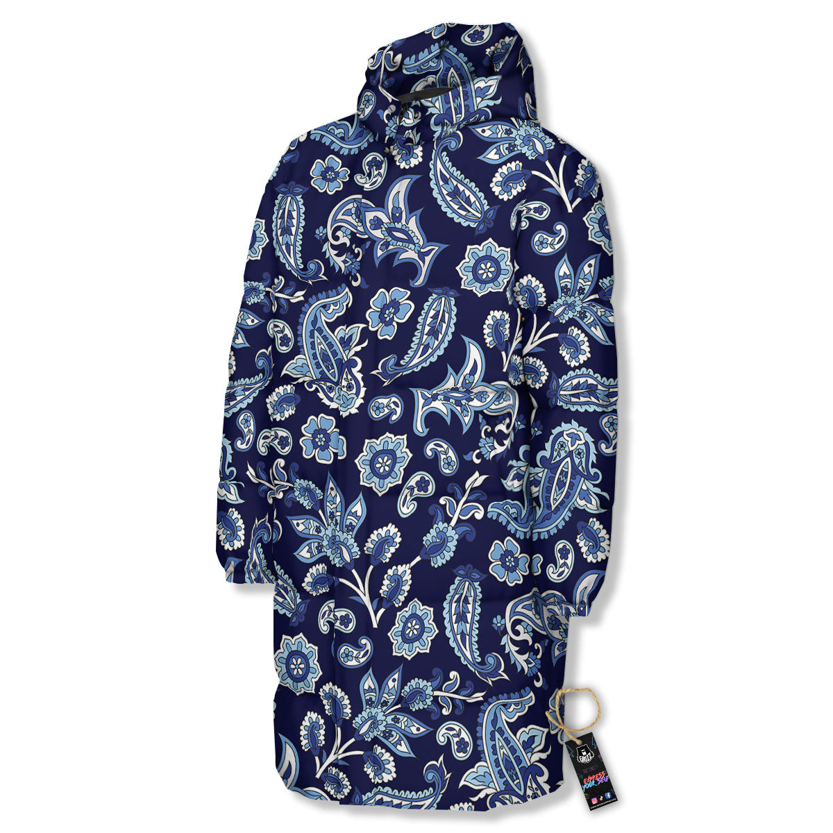 Blue Paisley Print Pattern Long Down Jacket-grizzshop