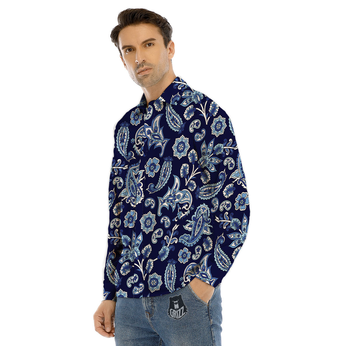 Blue Paisley Print Pattern Men's Dress Shirts-grizzshop