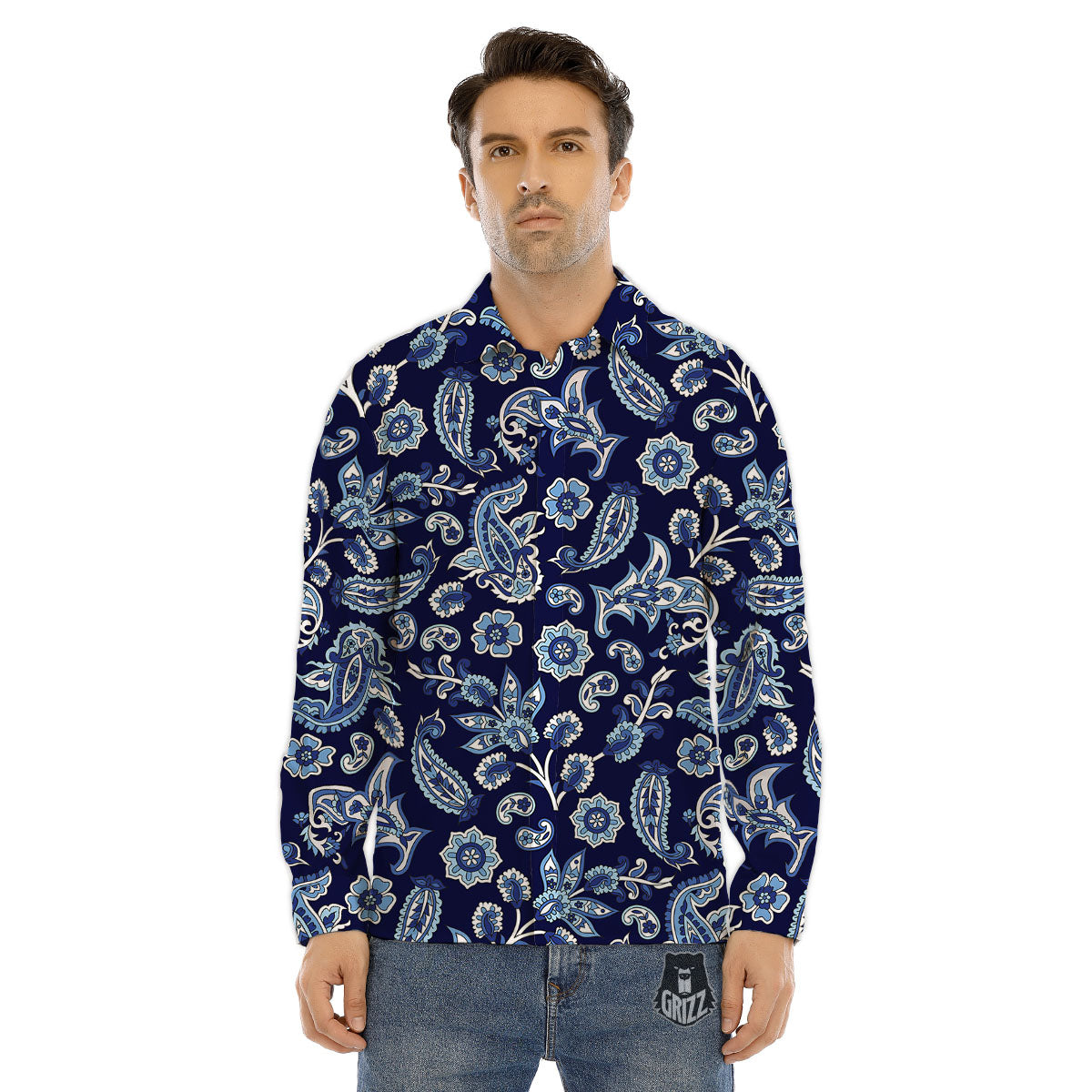 Blue Paisley Print Pattern Men's Dress Shirts-grizzshop