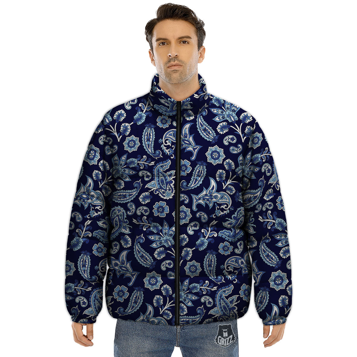 Blue Paisley Print Pattern Puffer Jacket-grizzshop