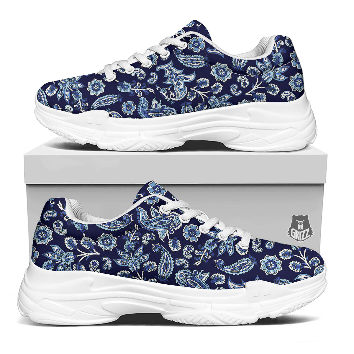 Blue Paisley Print Pattern White Chunky Shoes-grizzshop