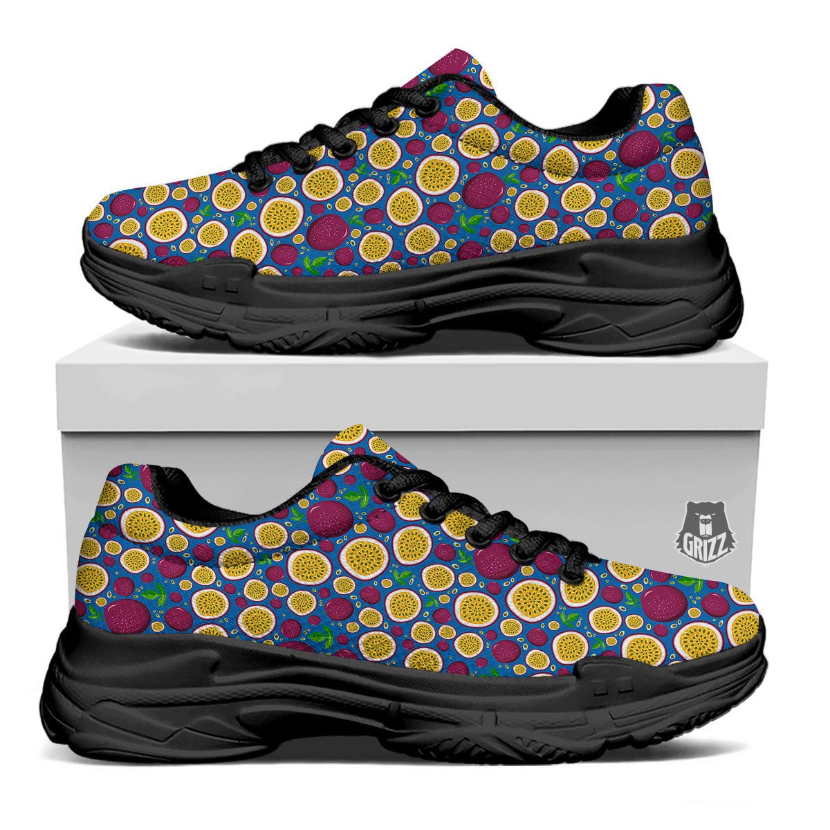Blue Passion Fruit Print Pattern Black Chunky Shoes-grizzshop