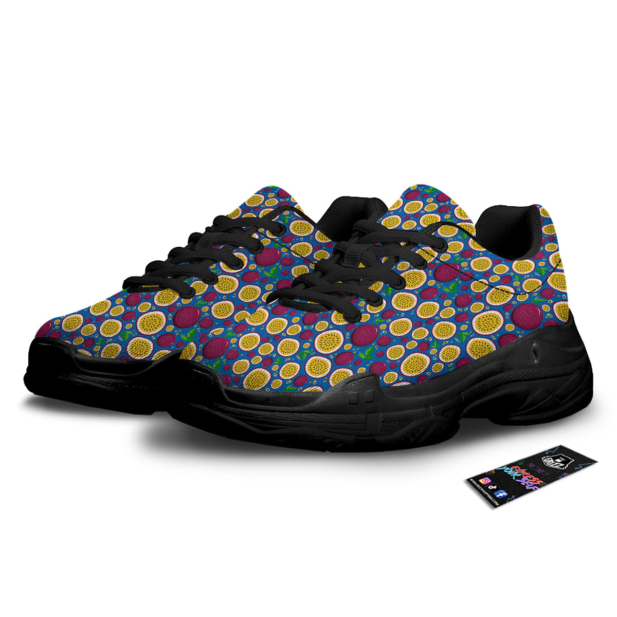 Blue Passion Fruit Print Pattern Black Chunky Shoes-grizzshop