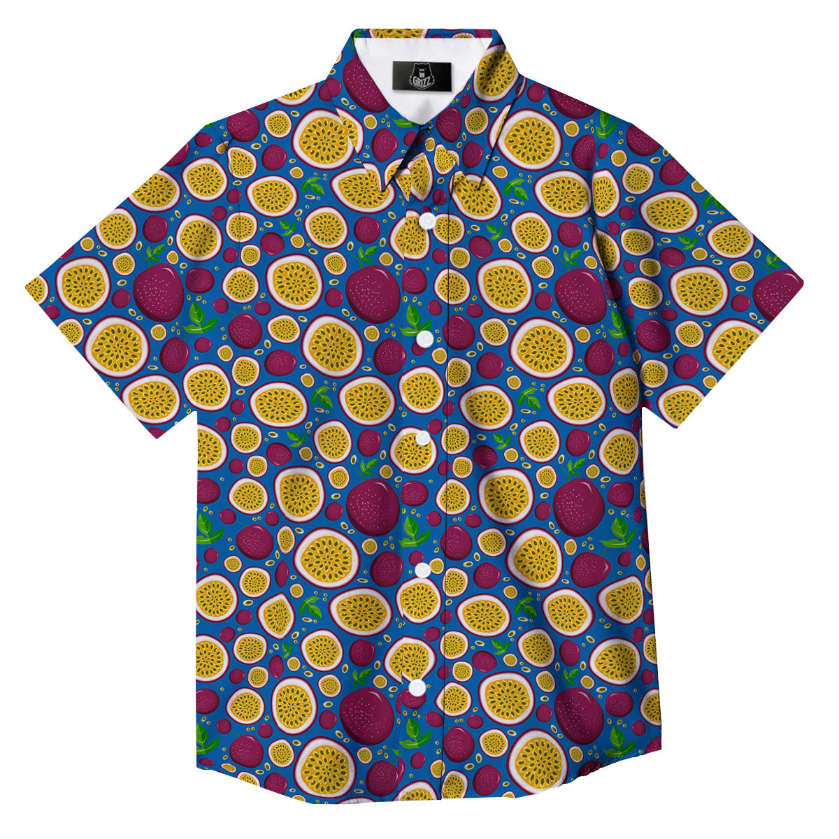 Blue Passion Fruit Print Pattern Button Up Shirt-grizzshop
