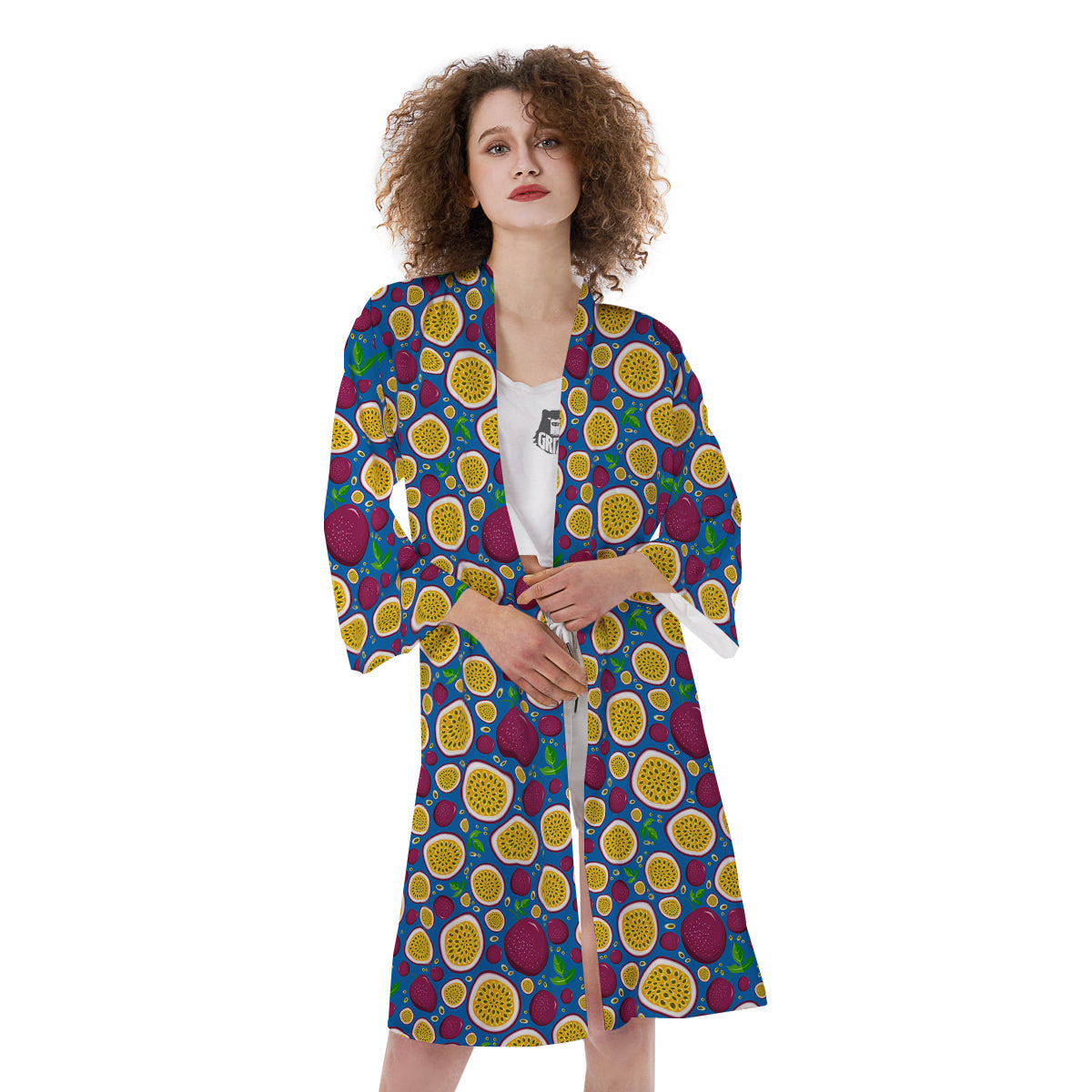 Blue Passion Fruit Print Pattern Kimono-grizzshop