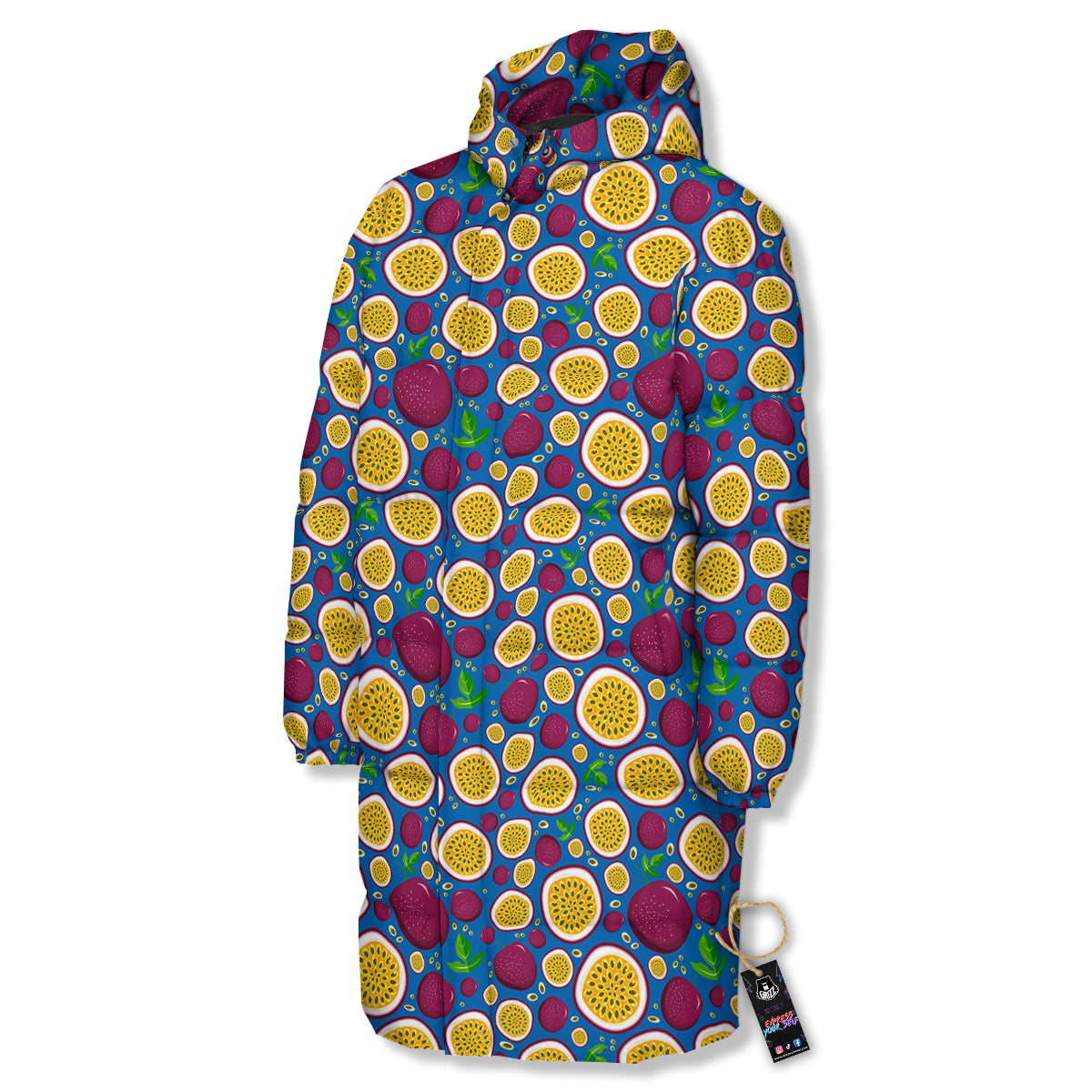 Blue Passion Fruit Print Pattern Long Down Jacket-grizzshop