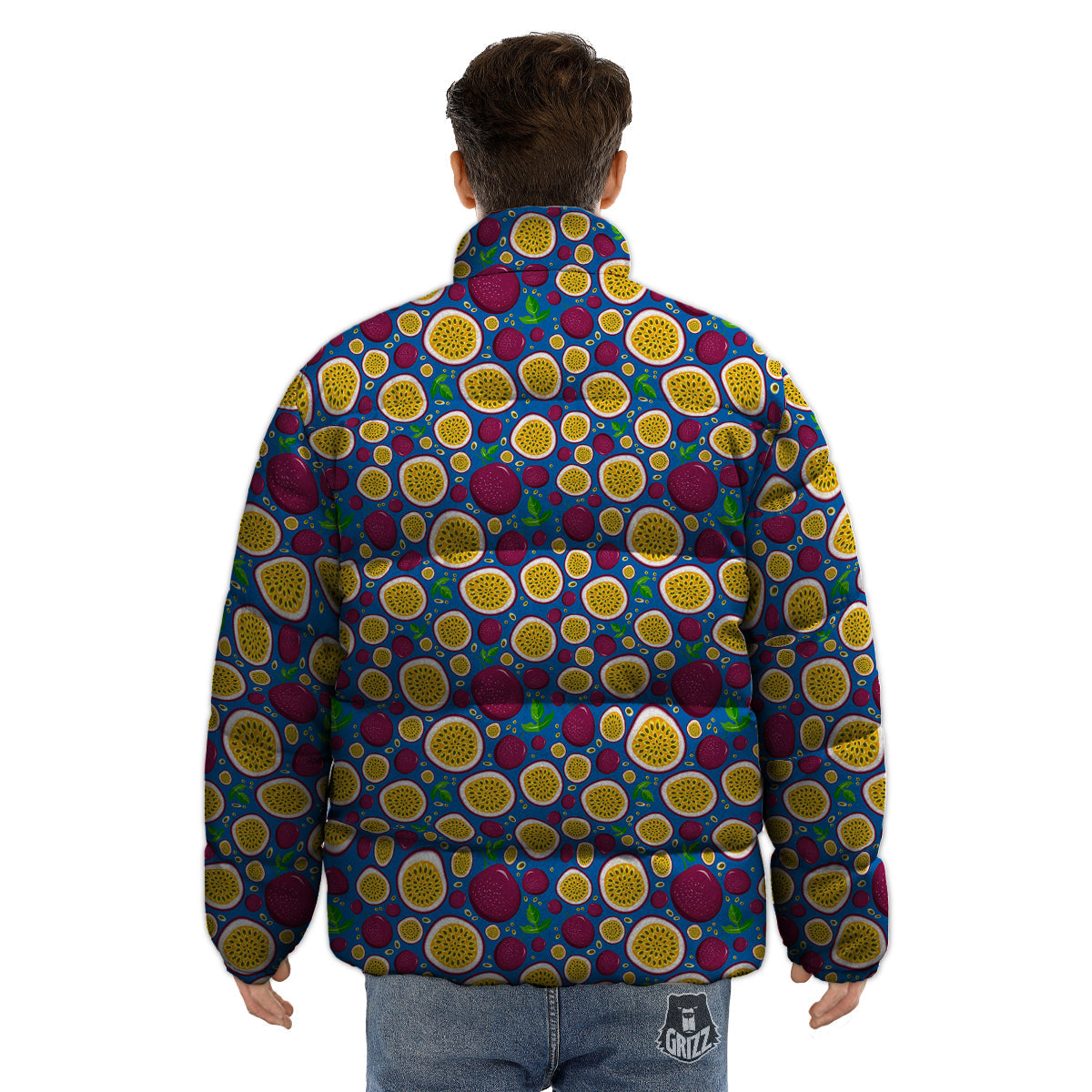 Blue Passion Fruit Print Pattern Puffer Jacket-grizzshop