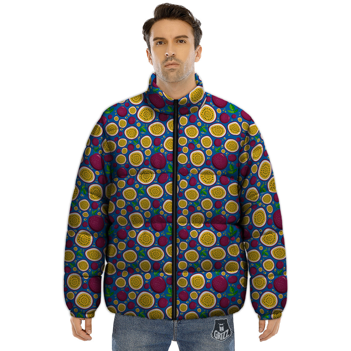 Blue Passion Fruit Print Pattern Puffer Jacket-grizzshop