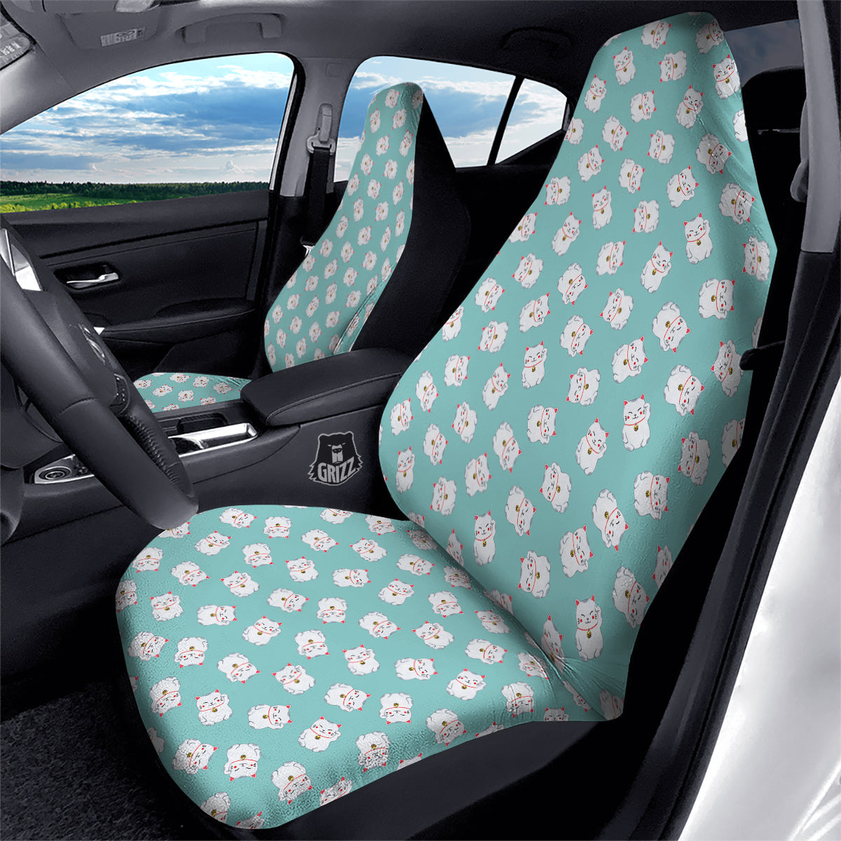 Blue Pastel Lucky Cat Print Pattern Car Seat Covers-grizzshop