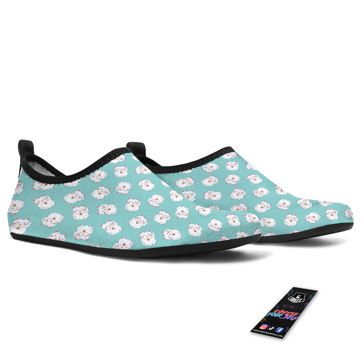 Blue Pastel Lucky Cat Print Pattern Water Shoes-grizzshop