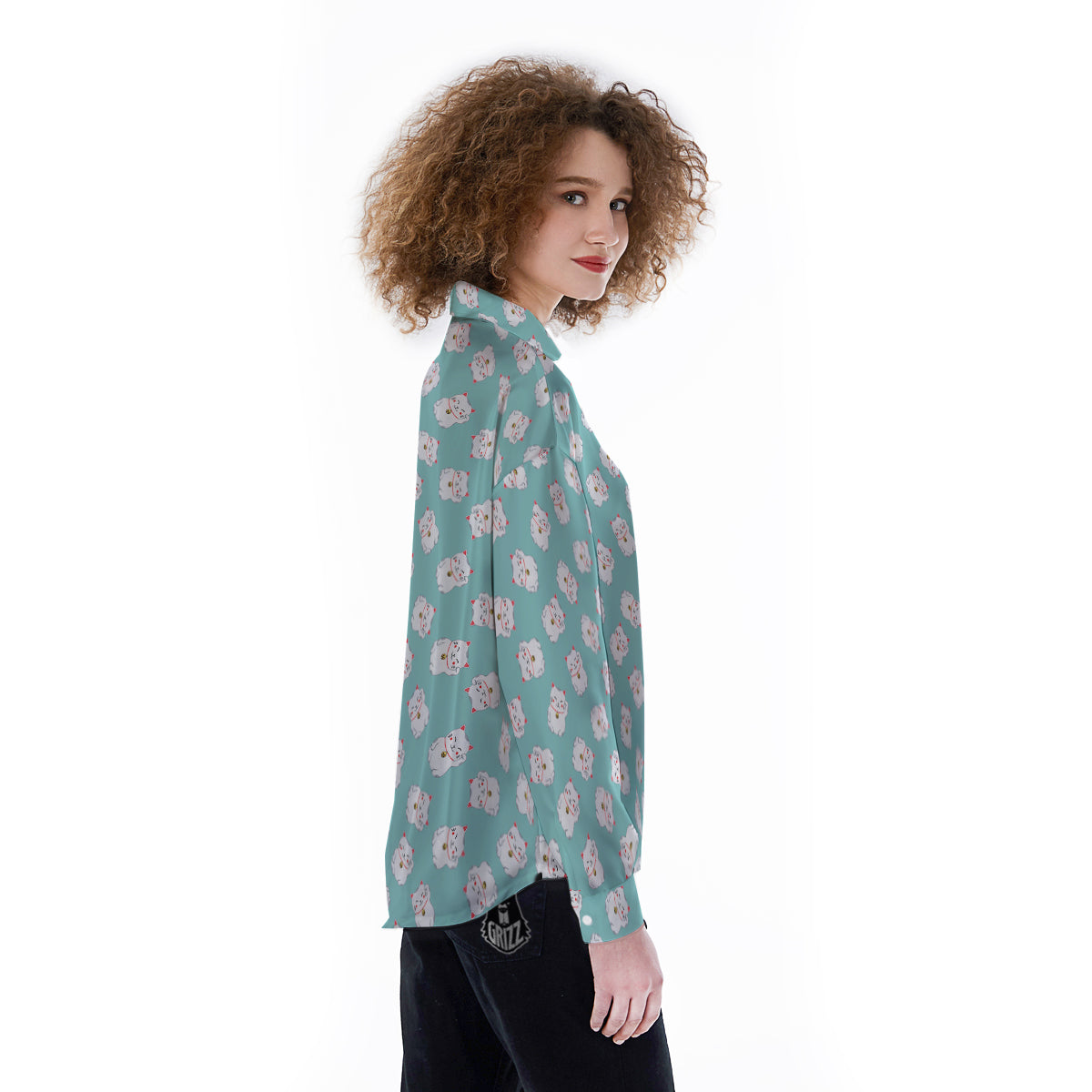 Blue Pastel Lucky Cat Print Pattern Women's Long Sleeve Shirts-grizzshop