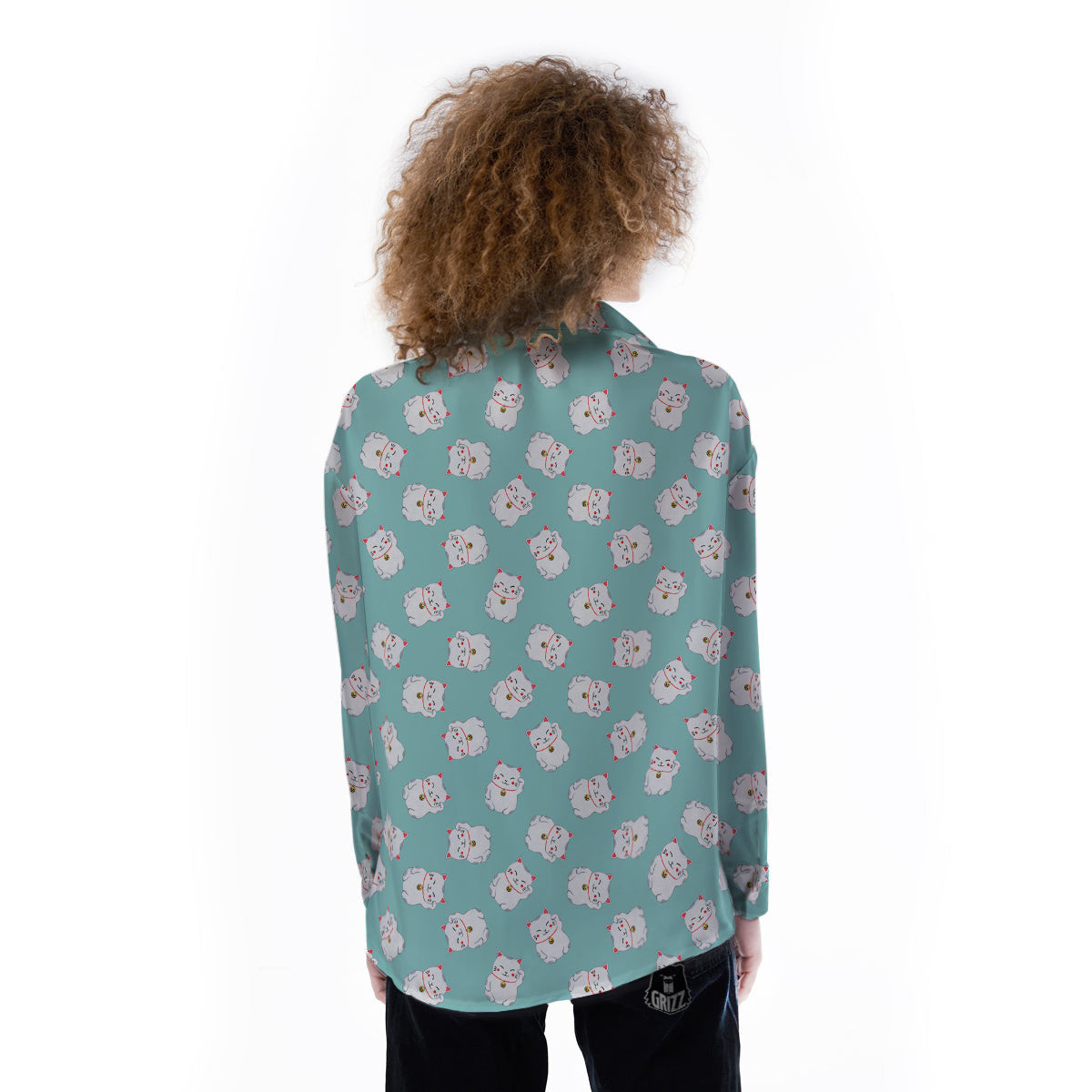 Blue Pastel Lucky Cat Print Pattern Women's Long Sleeve Shirts-grizzshop