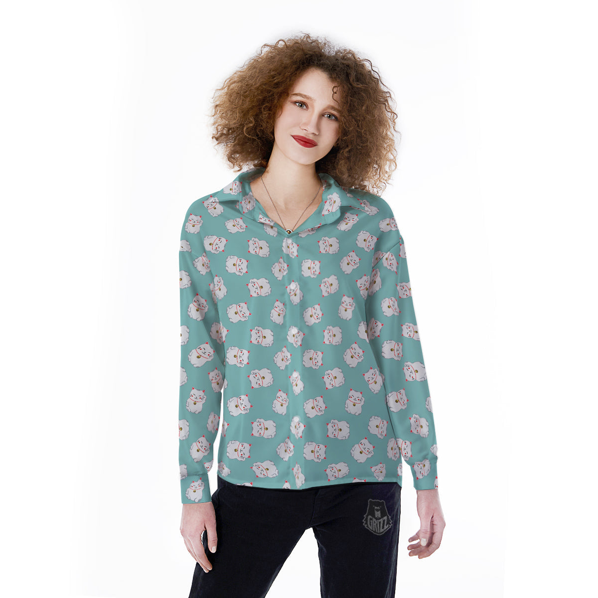 Blue Pastel Lucky Cat Print Pattern Women's Long Sleeve Shirts-grizzshop