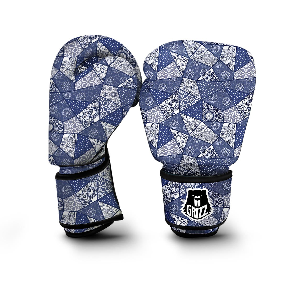 Blue Patchwork Pattern Print Boxing Gloves-grizzshop