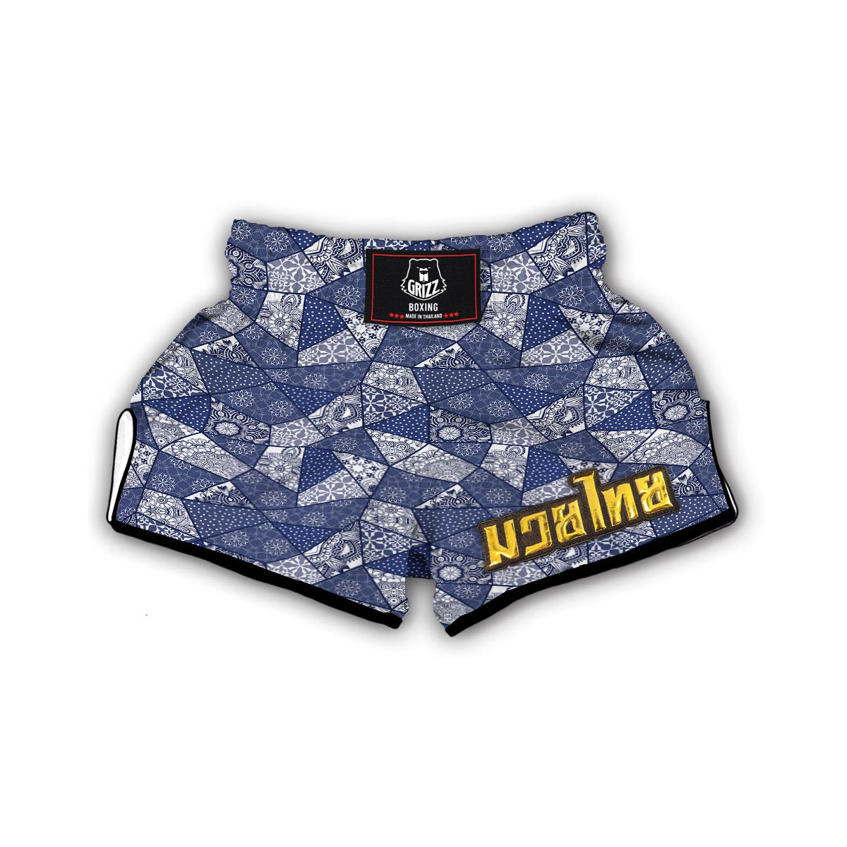 Blue Patchwork Pattern Print Muay Thai Boxing Shorts-grizzshop