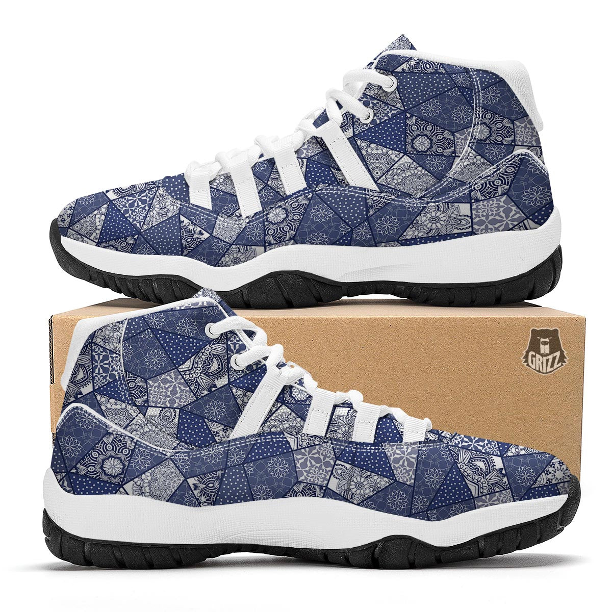 Blue Patchwork Pattern Print White Bball Shoes-grizzshop
