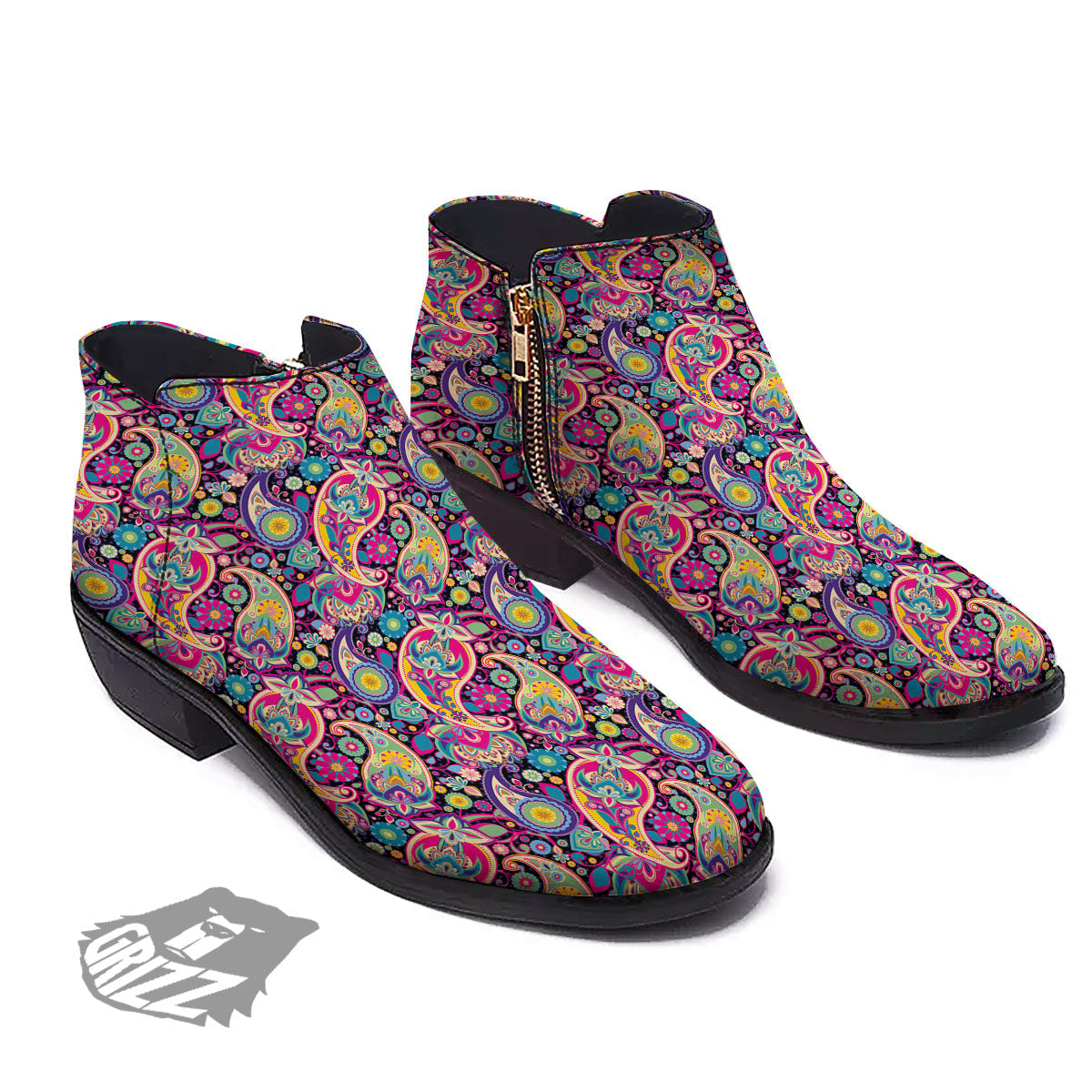 Blue Pink And Green Paisley Print Ankle Boots-grizzshop