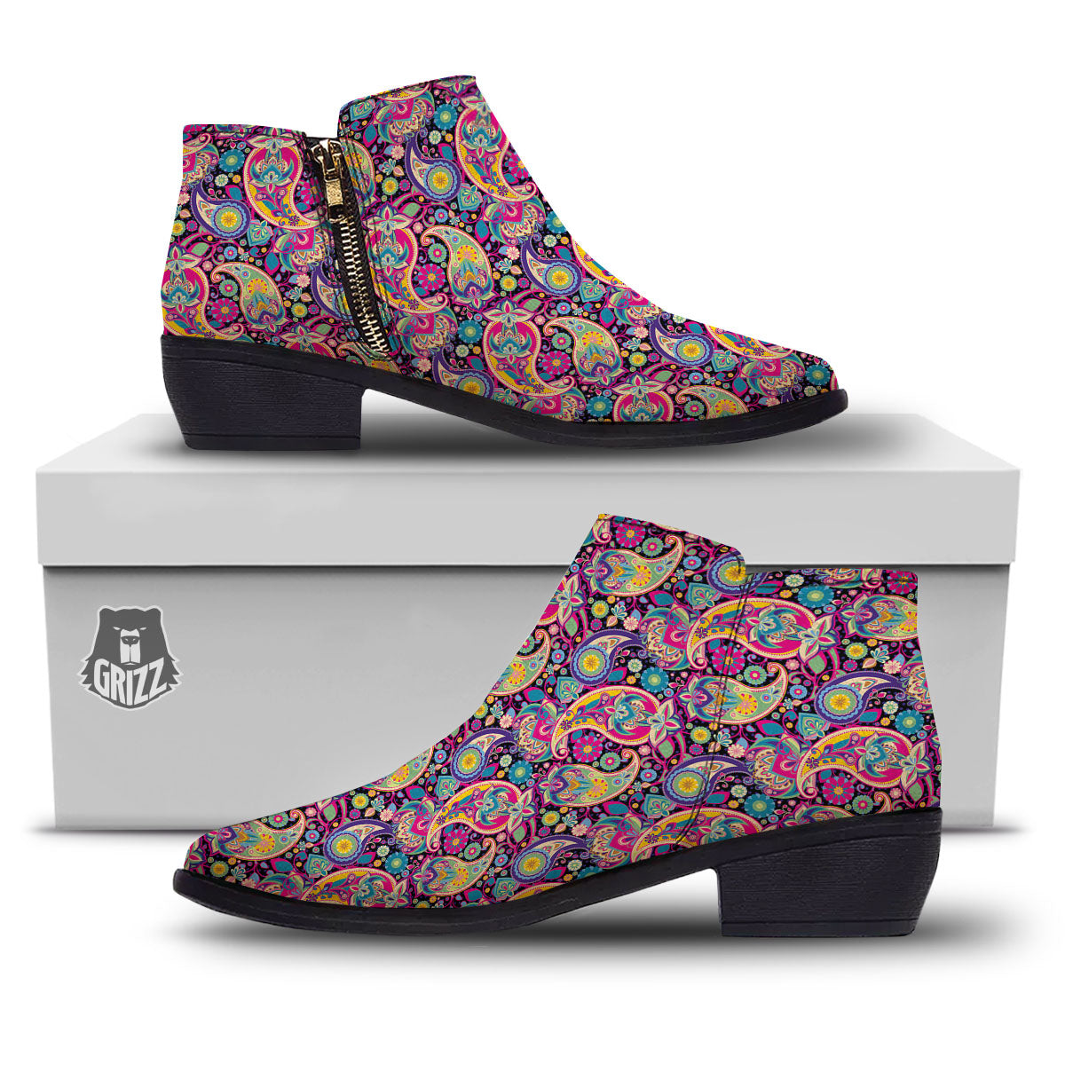 Blue Pink And Green Paisley Print Ankle Boots-grizzshop