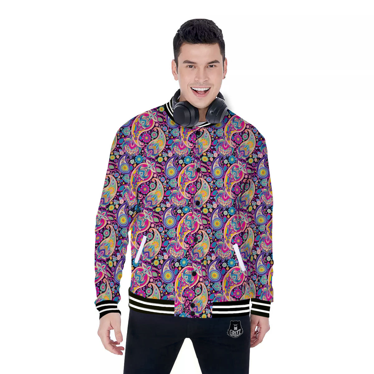 Blue Pink And Green Paisley Print Baseball Jacket-grizzshop
