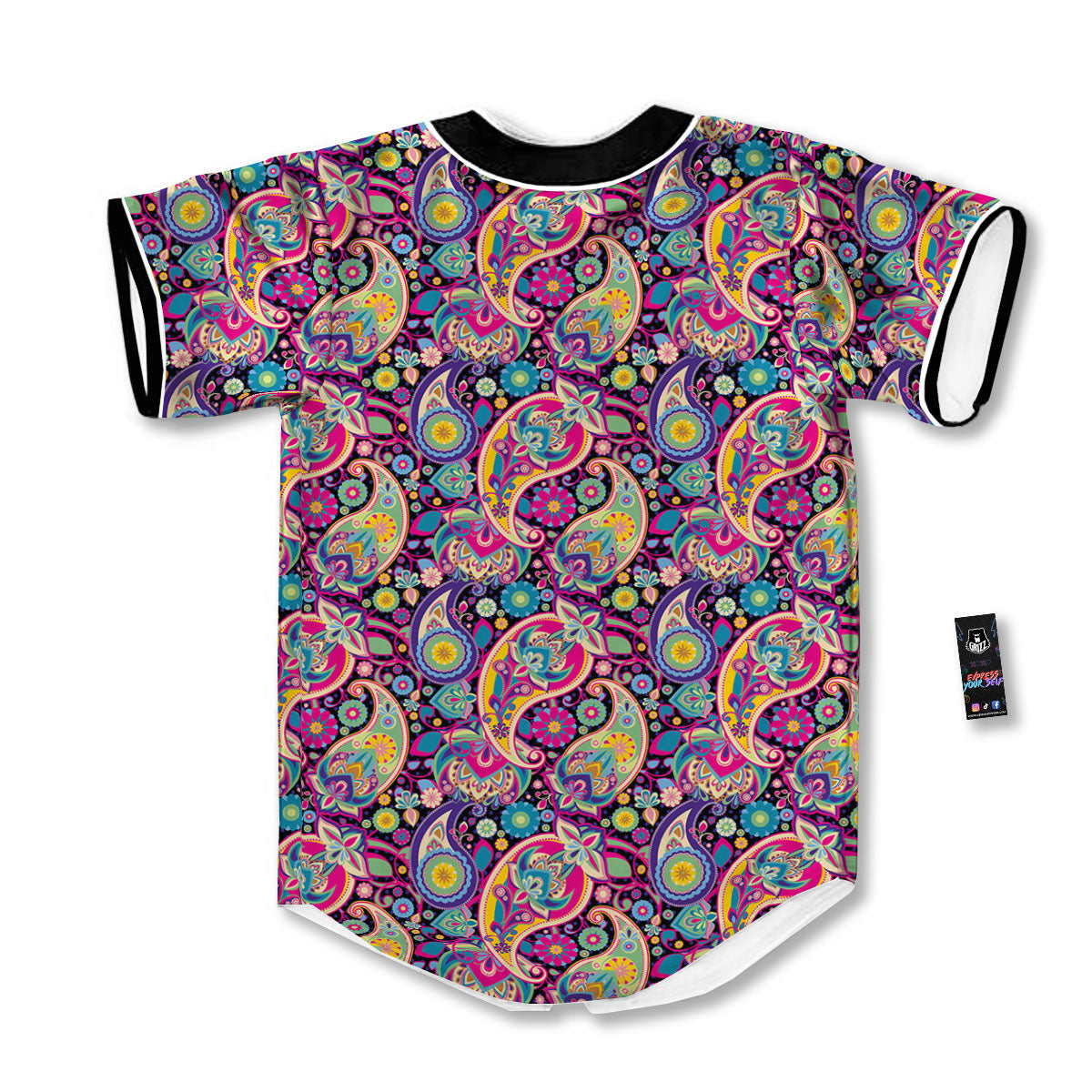Blue Pink And Green Paisley Print Baseball Jersey-grizzshop