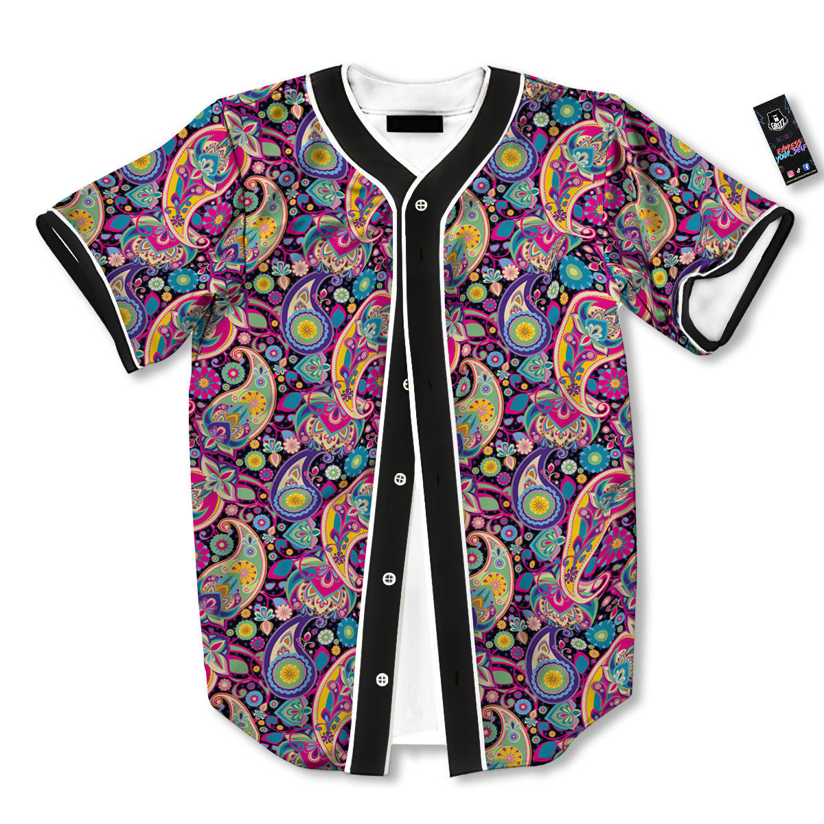 Blue Pink And Green Paisley Print Baseball Jersey-grizzshop