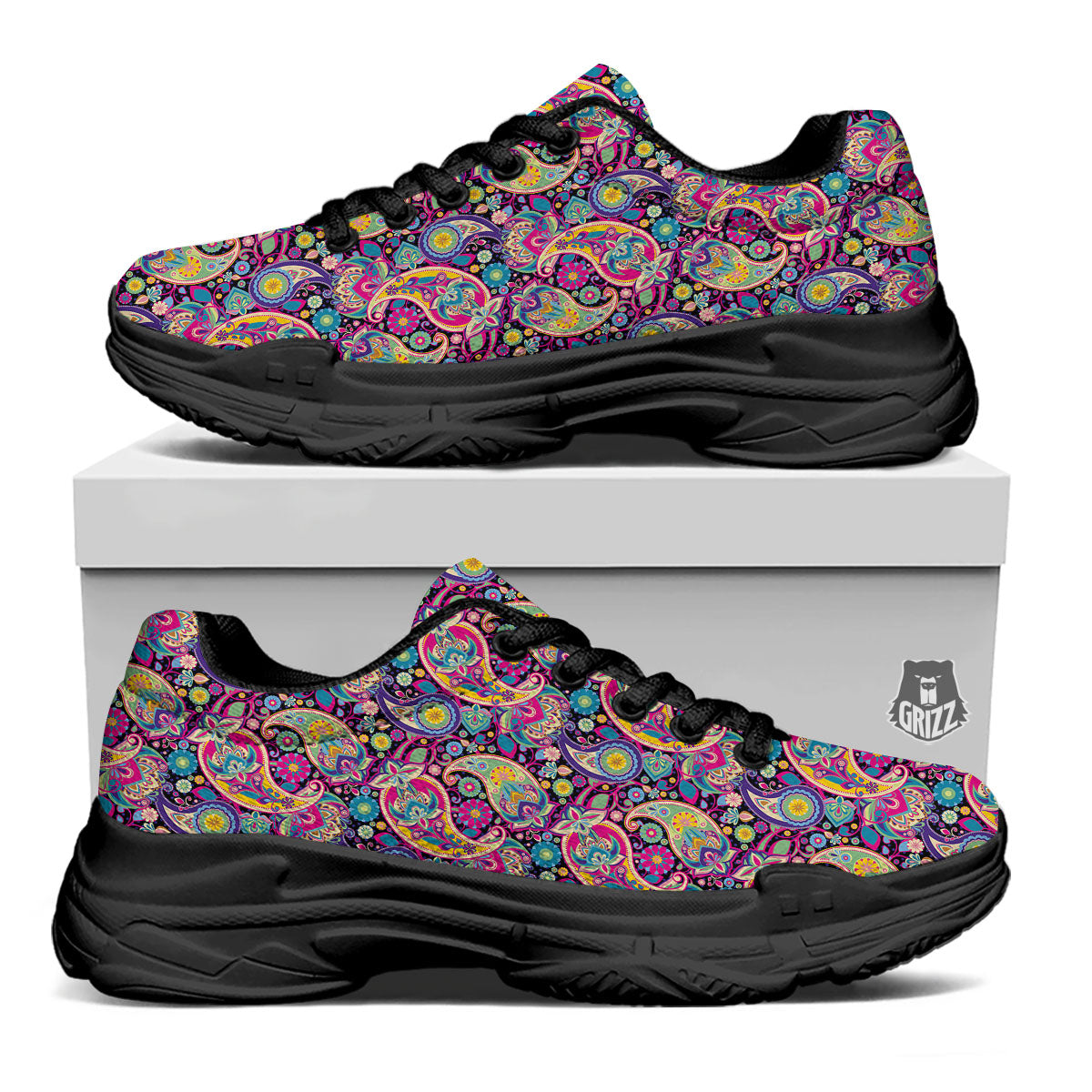 Blue Pink And Green Paisley Print Black Chunky Shoes-grizzshop