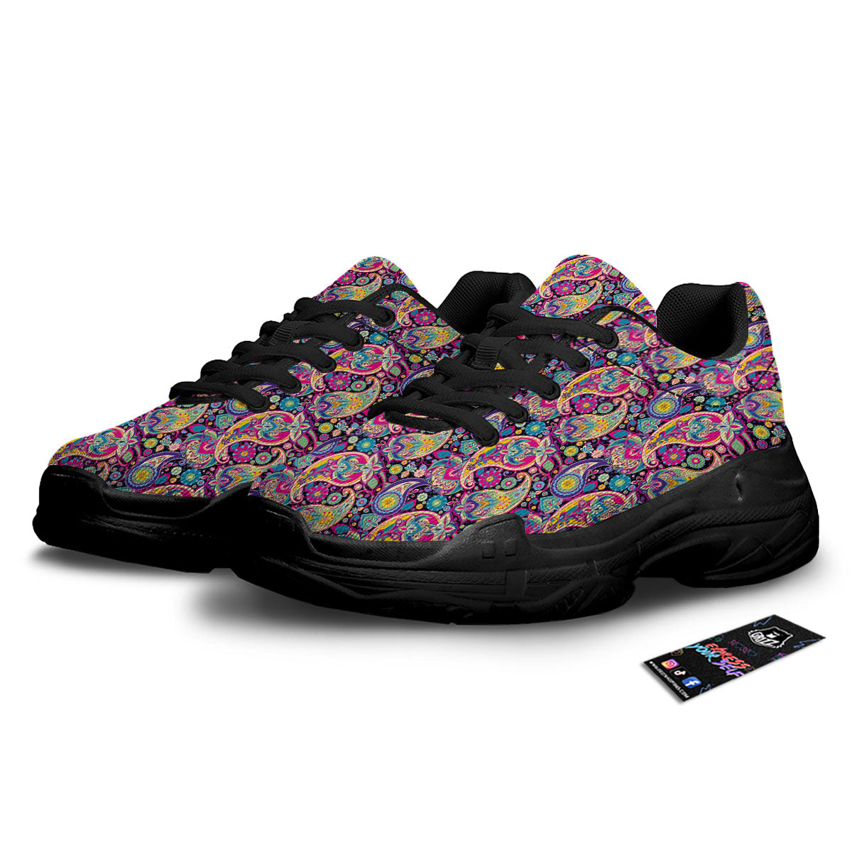 Blue Pink And Green Paisley Print Black Chunky Shoes-grizzshop