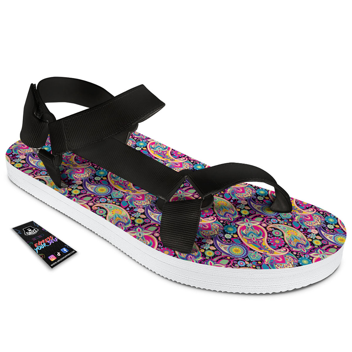 Blue Pink And Green Paisley Print Black Open Toe Sandals-grizzshop