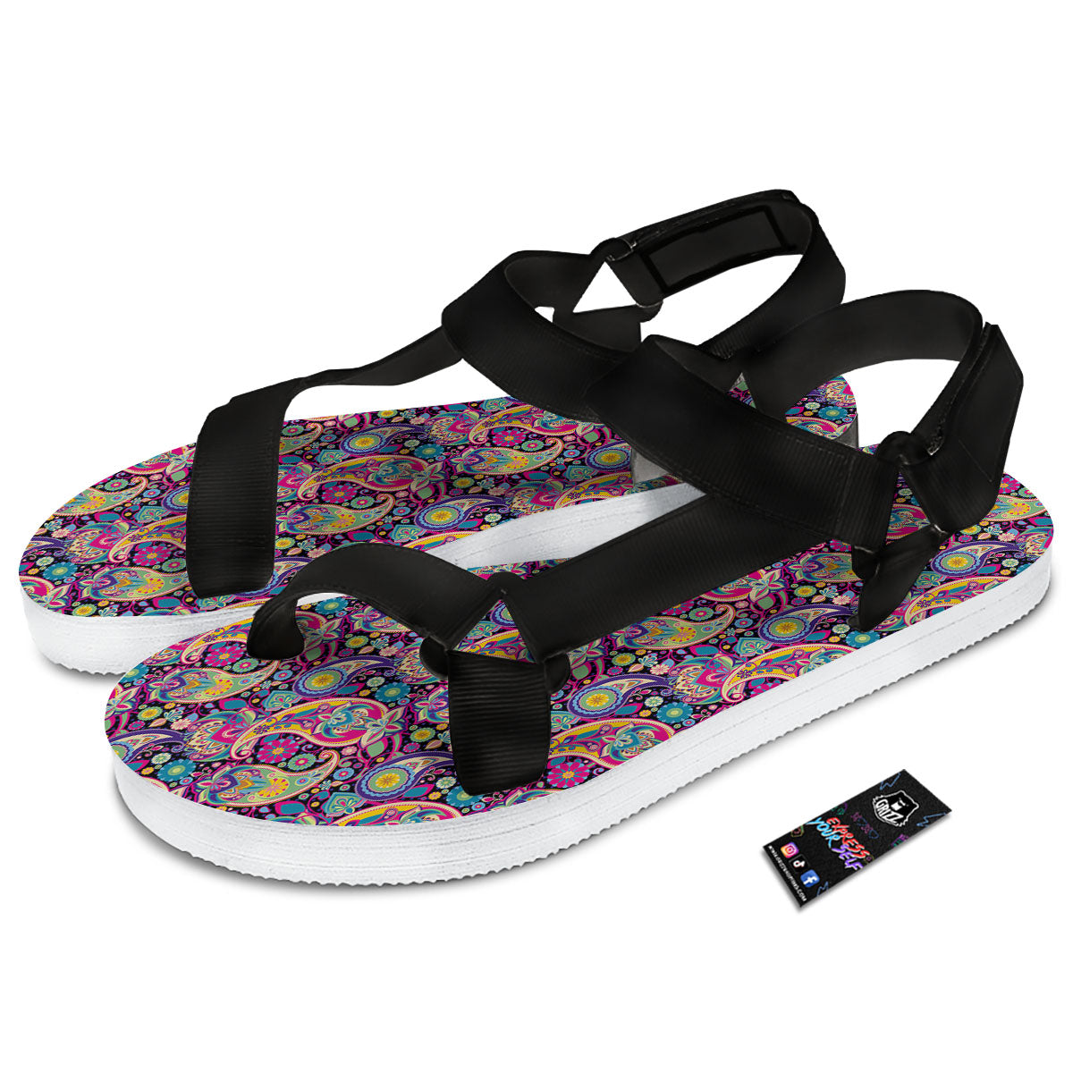 Blue Pink And Green Paisley Print Black Open Toe Sandals-grizzshop