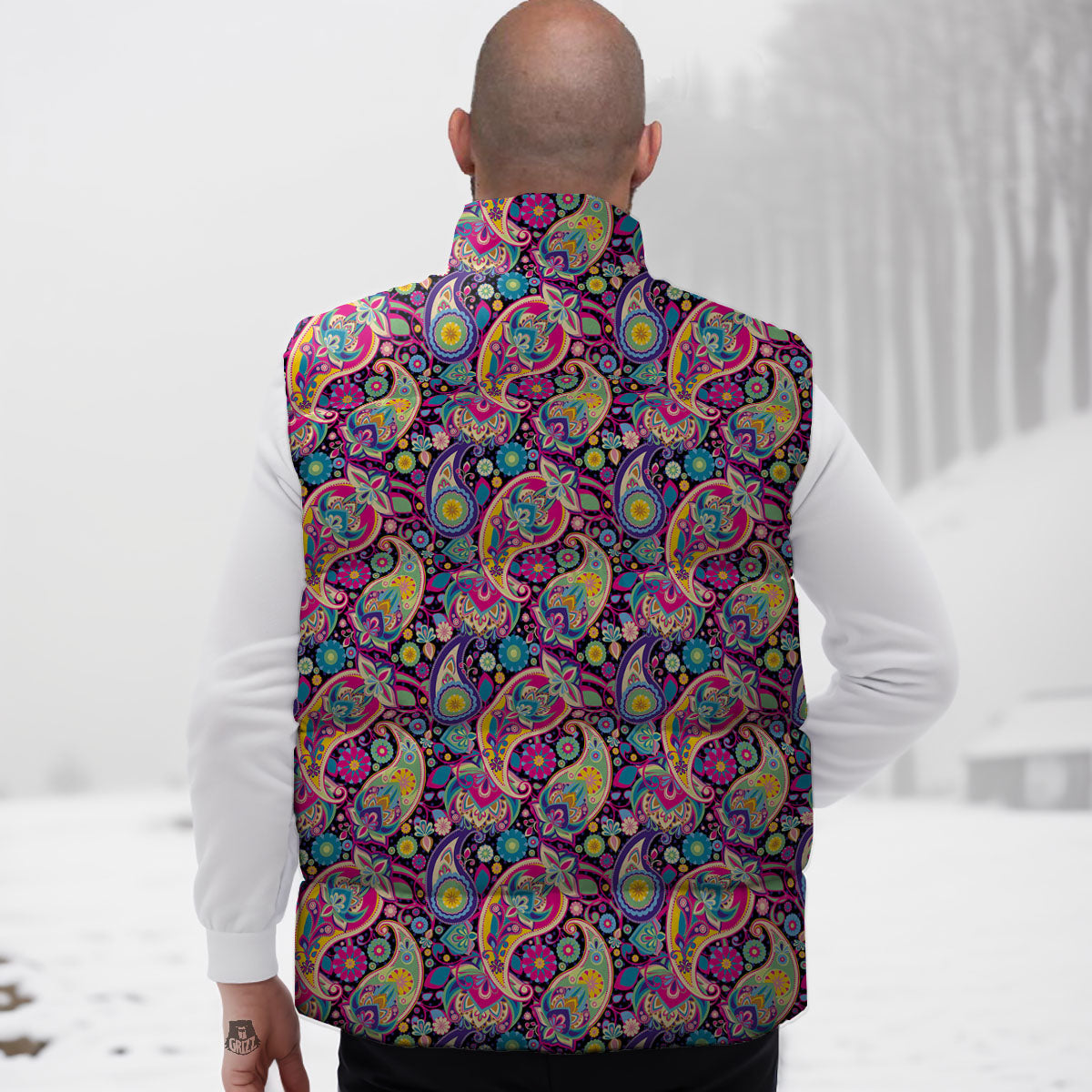 Blue Pink And Green Paisley Print Down Vest