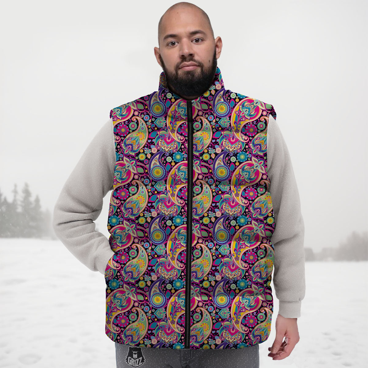 Blue Pink And Green Paisley Print Down Vest