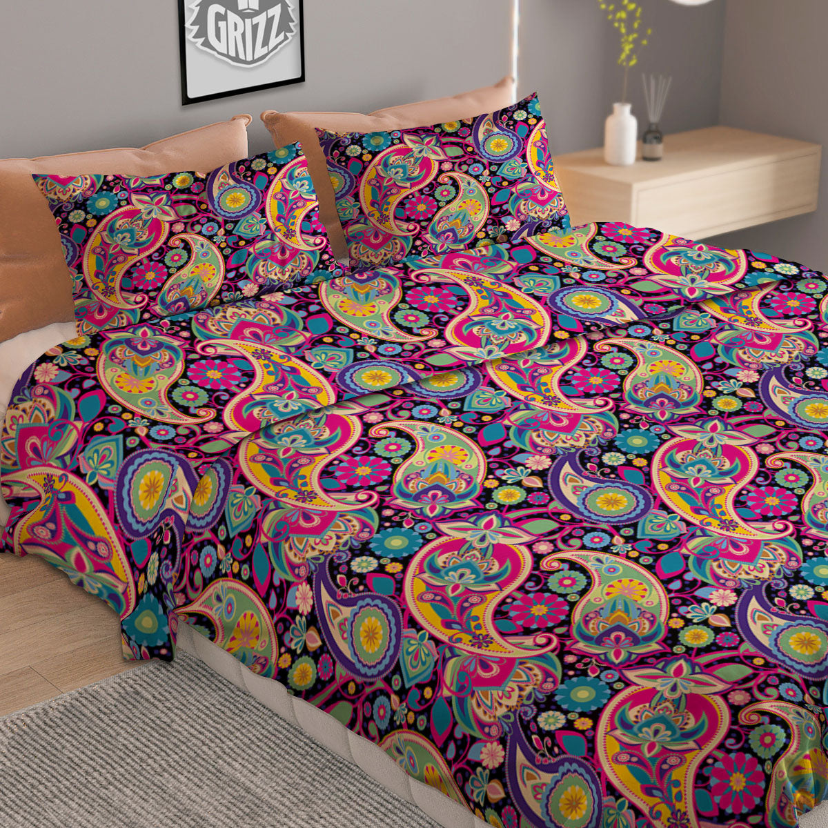 Blue Pink And Green Paisley Print Duvet Cover Bedding Set
