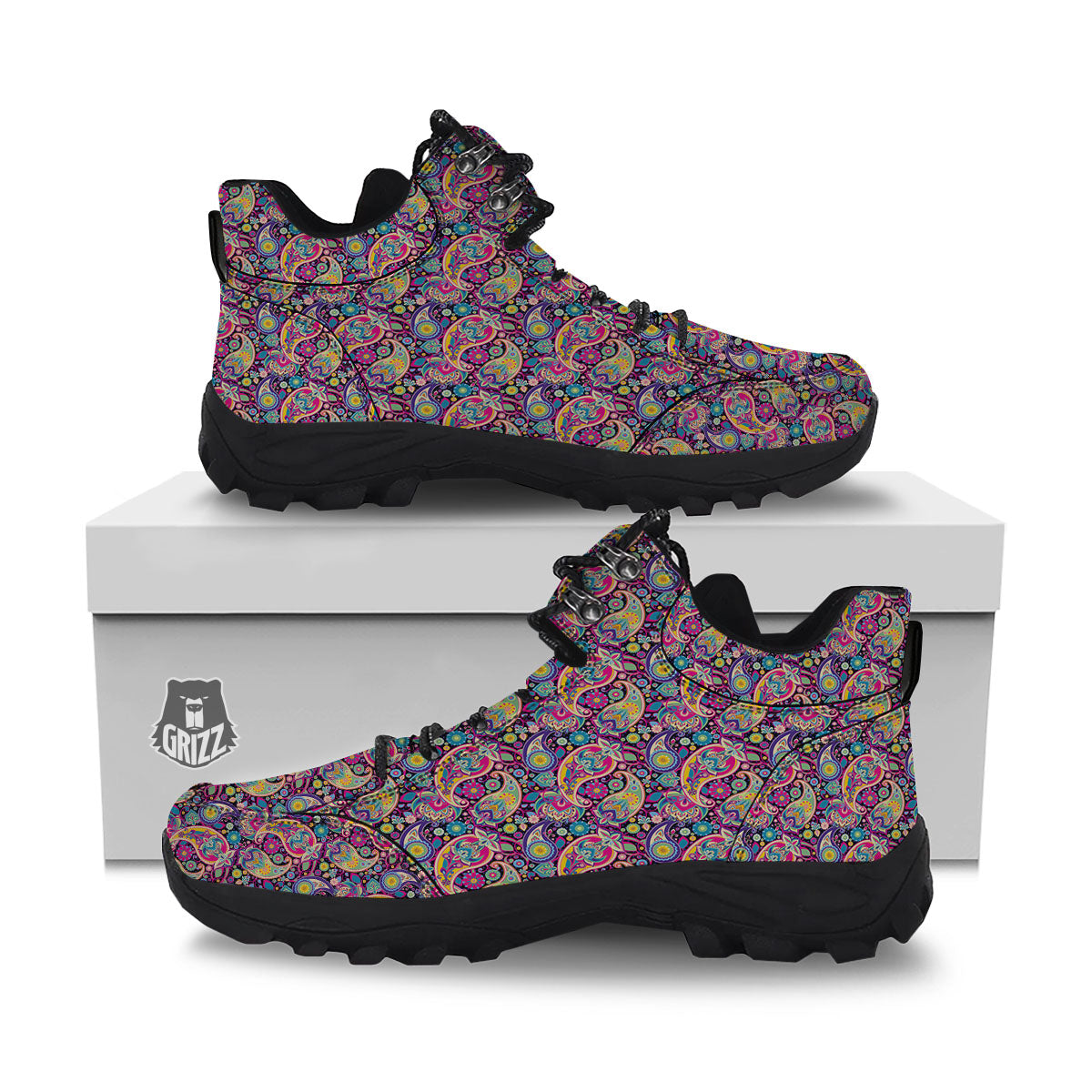 Blue Pink And Green Paisley Print Hiking Shoes-grizzshop
