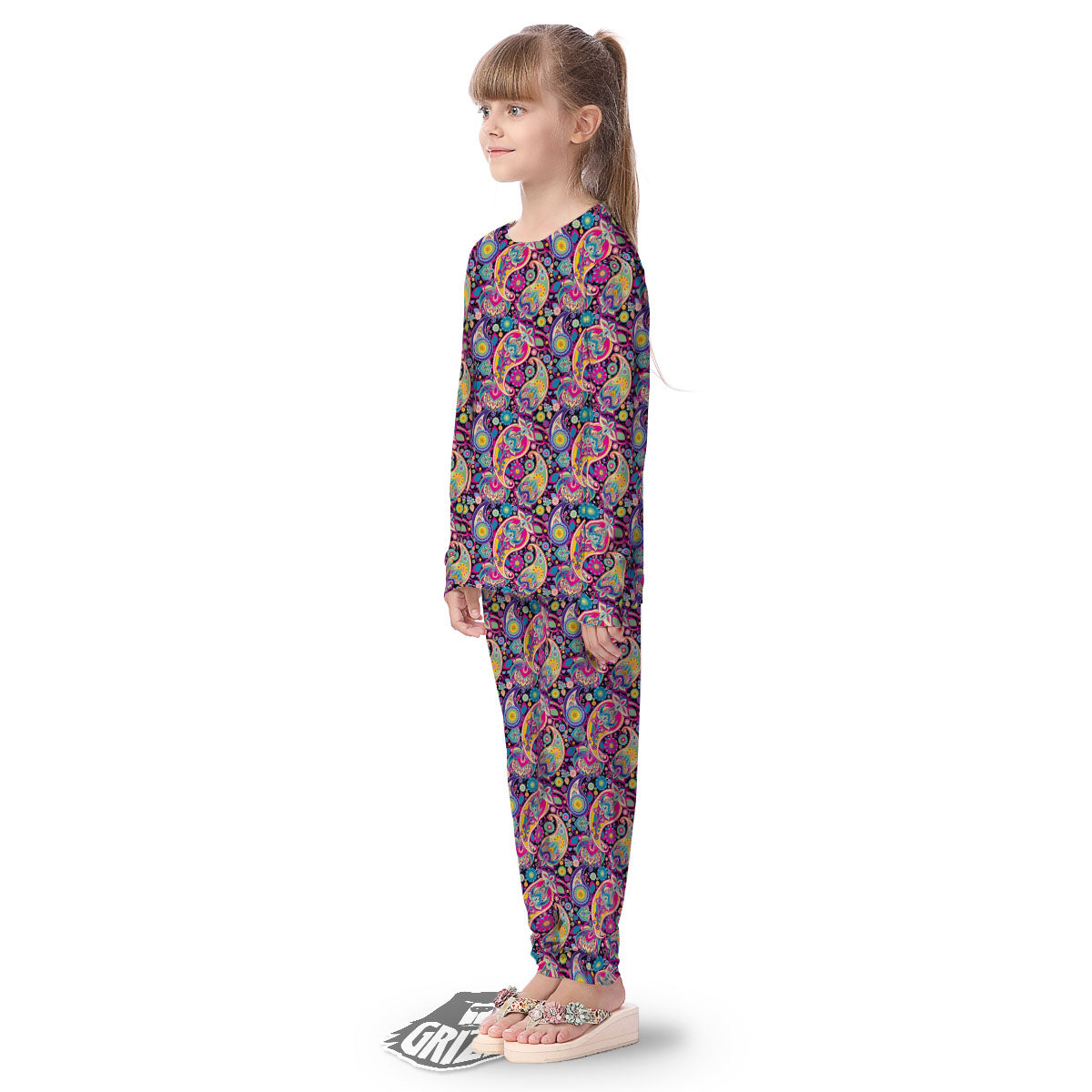Blue Pink And Green Paisley Print Kid's Pajamas-grizzshop
