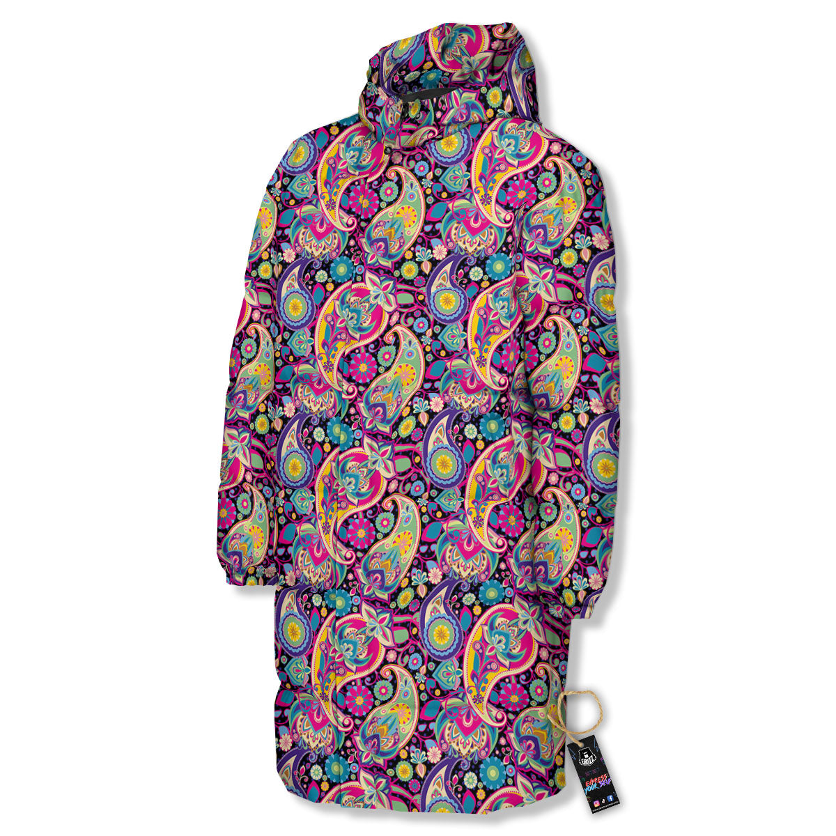 Blue Pink And Green Paisley Print Long Down Jacket-grizzshop