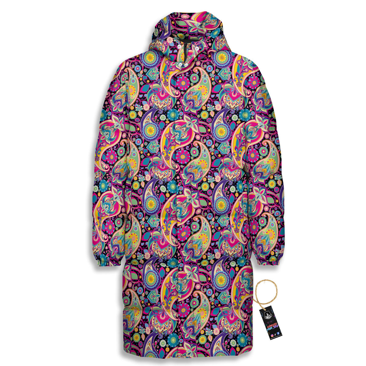 Blue Pink And Green Paisley Print Long Down Jacket-grizzshop