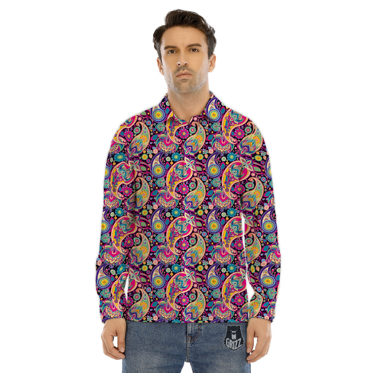 Blue Pink And Green Paisley Print Men's Dress Shirts-grizzshop