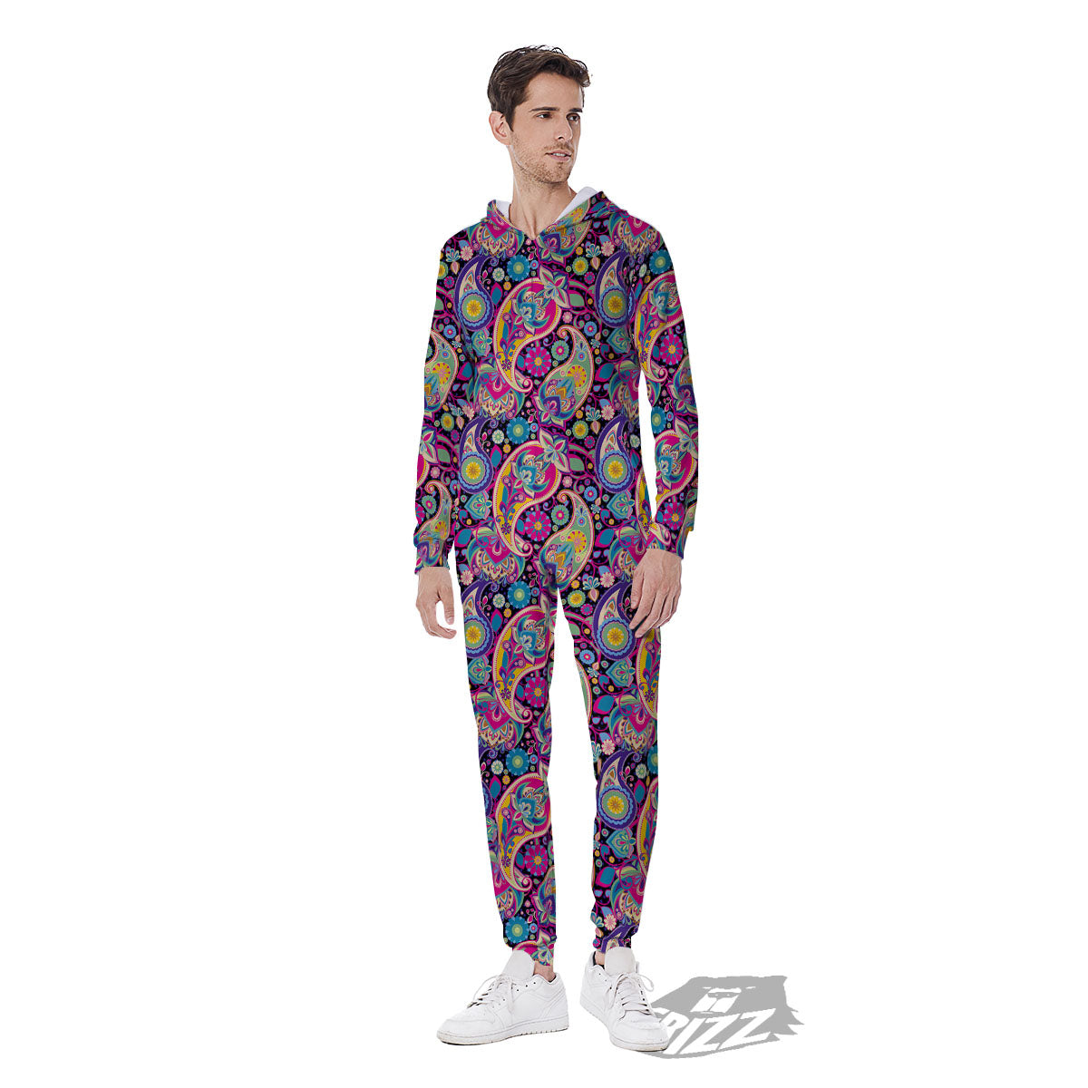Blue Pink And Green Paisley Print Men's Jumpsuit-grizzshop