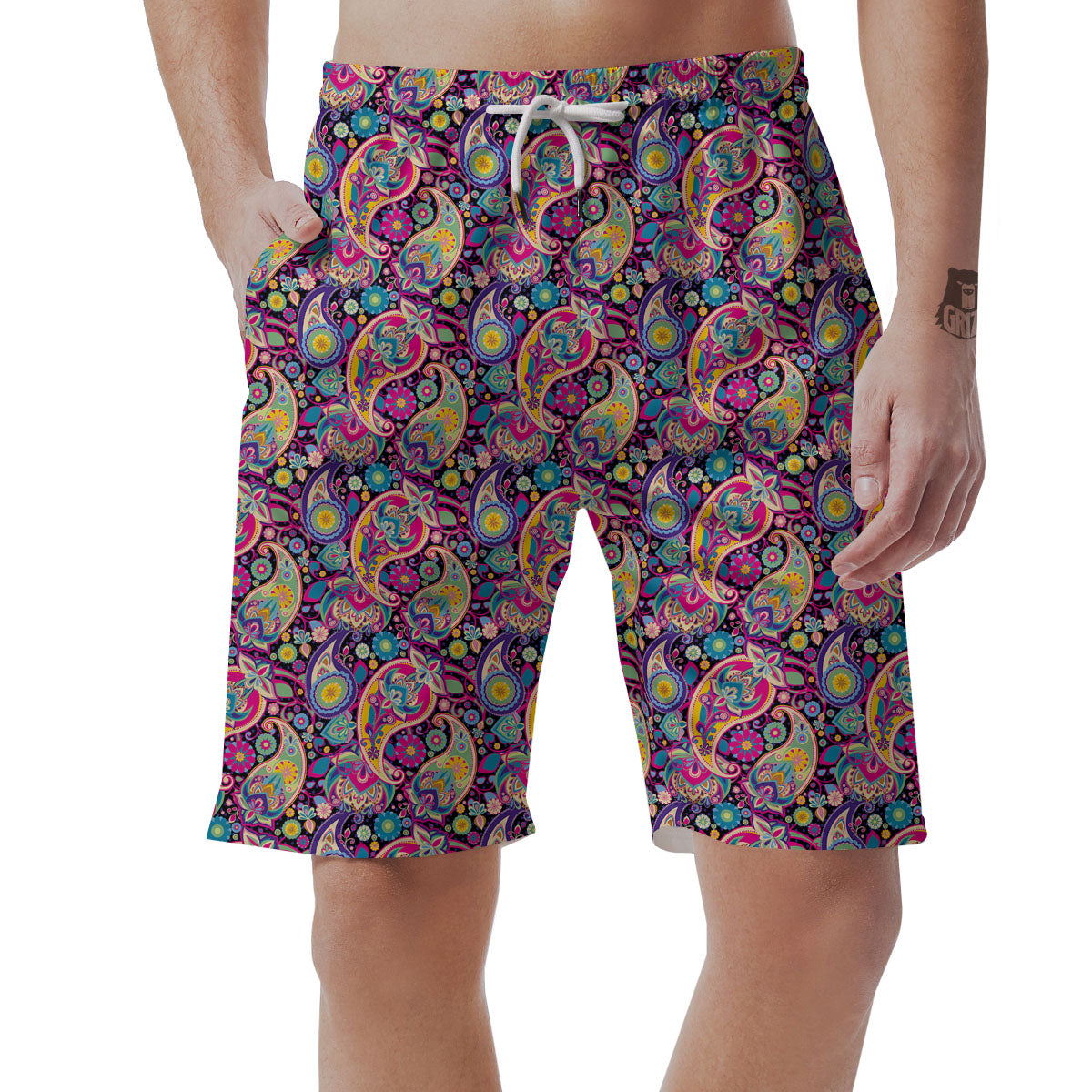 Blue Pink And Green Paisley Print Men's Shorts-grizzshop