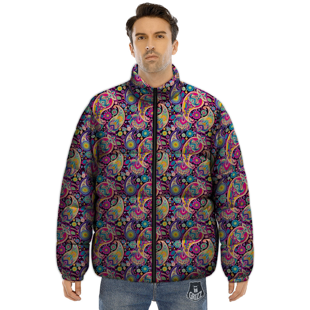 Blue Pink And Green Paisley Print Puffer Jacket-grizzshop