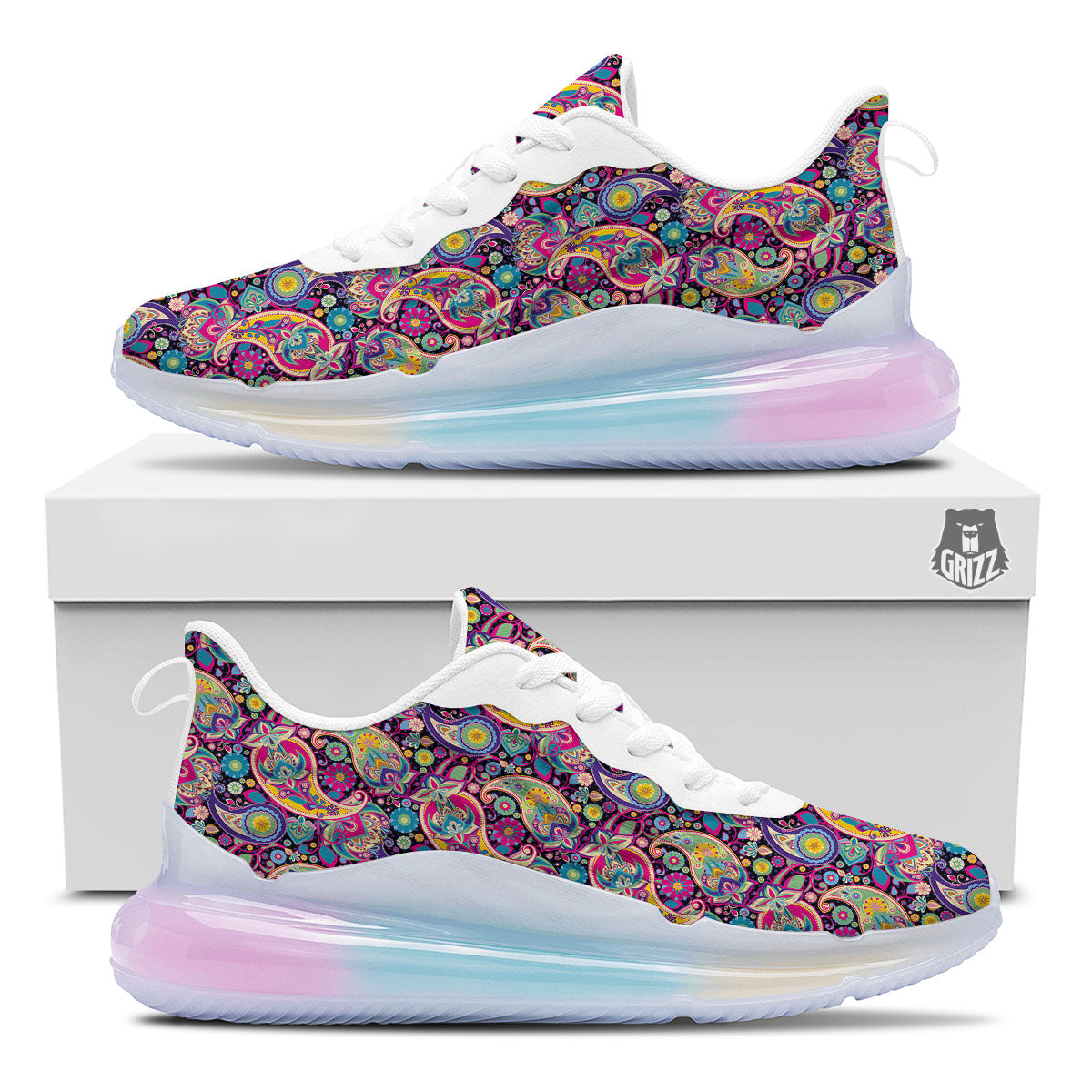 Blue Pink And Green Paisley Print Running Sneakers-grizzshop