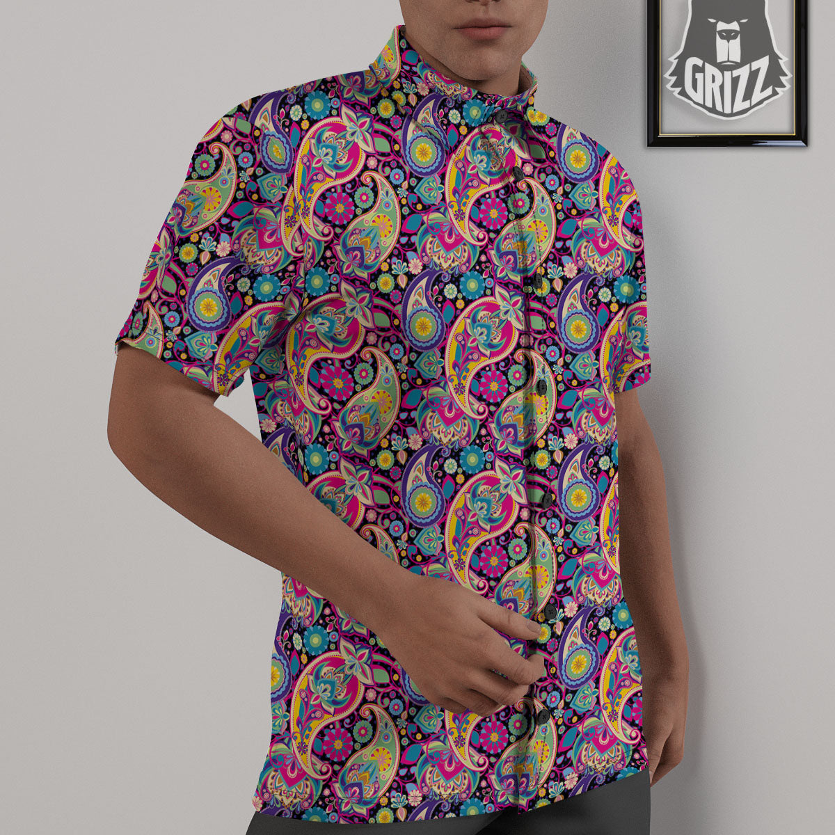 Blue Pink And Green Paisley Print Untucked Shirts-grizzshop