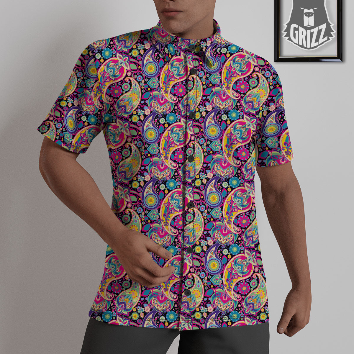 Blue Pink And Green Paisley Print Untucked Shirts-grizzshop