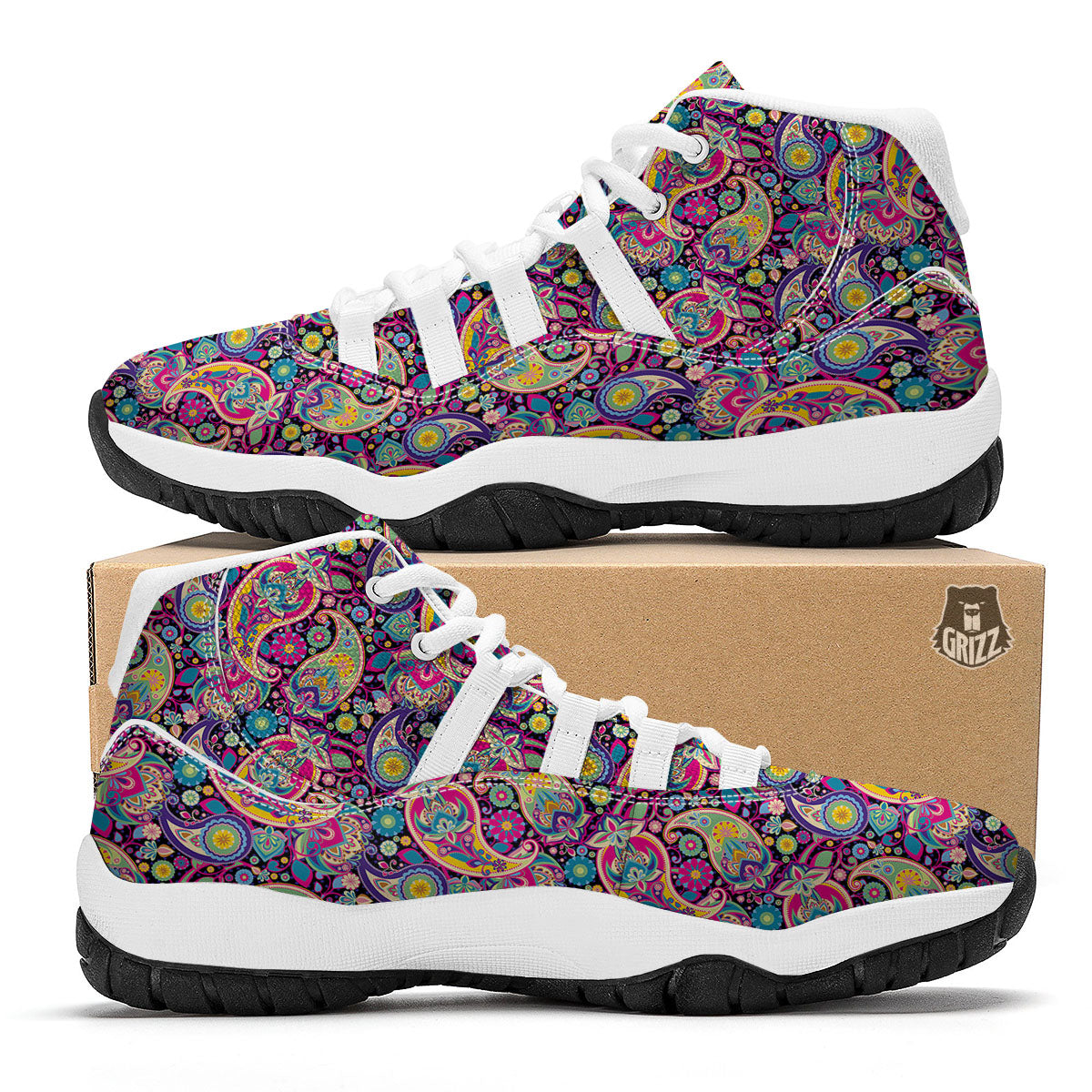Blue Pink And Green Paisley Print White Bball Shoes-grizzshop