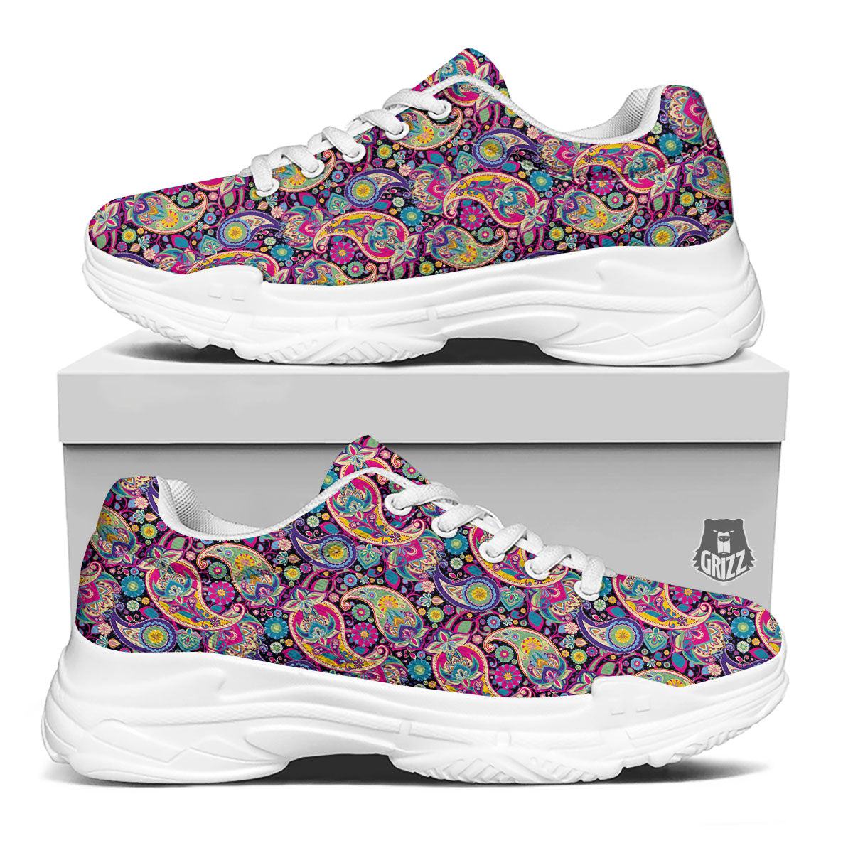 Blue Pink And Green Paisley Print White Chunky Shoes-grizzshop